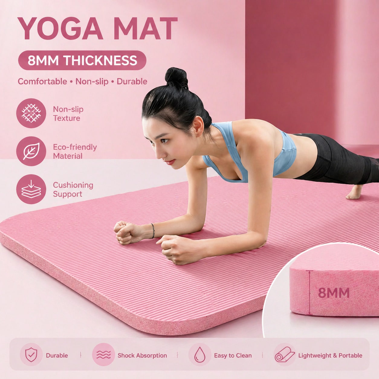 Yoga Daily Fitness - Tapis de yoga rose antidérapant 185*61CM,